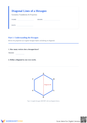 Essential Diagonal Line of Hexagon Worksheet | Grade 6-9