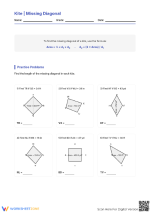 Printable Kite Diagonal Worksheet | Grade 6-9 Math