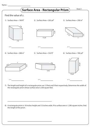 Missing Dimension Surface Area Worksheet | Grade 7 Ready