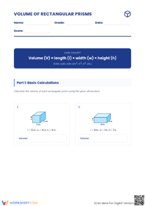 Printable Volume of Rectangular Prisms Worksheet | Grade 6