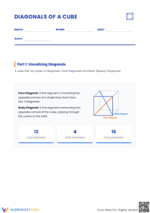 Printable Diagonals of a Cube Worksheet | Grade 8 Geometry