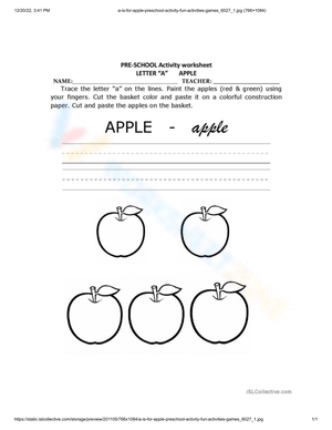Identify Letter A in Apple Worksheet