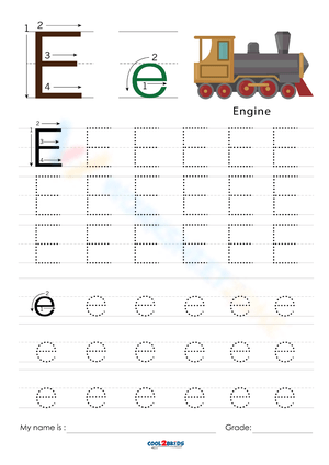 Letter E Tracing Worksheet with Train Engine 