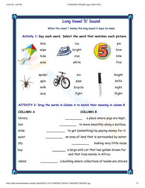 Targeted Long I Exercise Worksheet for Phonics