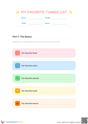 My Favorite Things List: A Creative Worksheet