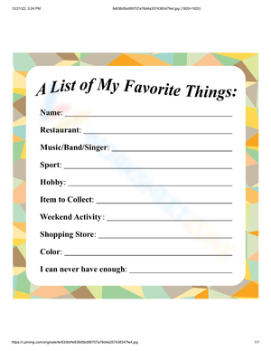 Free Printable My Favorite Things Worksheets for Students