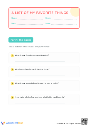 A List of My Favorite Things: Reflection Worksheet