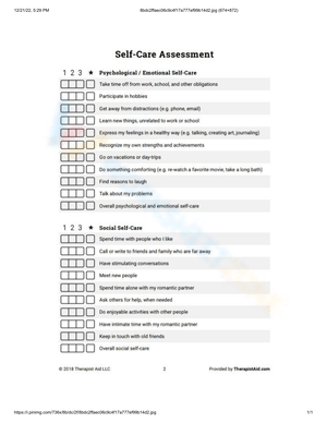 Self-Care Assessment for Emotional and Social Health

