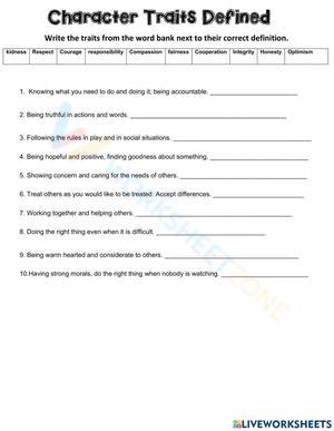 Defining Character Traits Worksheet