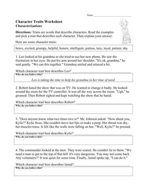 Character Traits Worksheet Characterizations