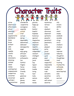 Character Trait Word Search Puzzle