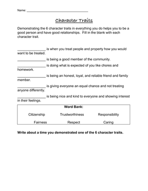 Character Traits Worksheet: Respect, Responsibility, and Caring