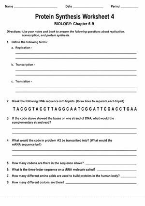 Printable Protein Synthesis Worksheet | HS Biology