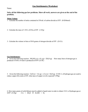 Gas Stoichiometry Worksheet