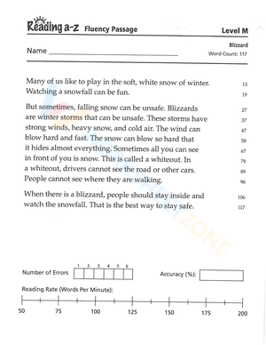 Reading Level M Worksheet