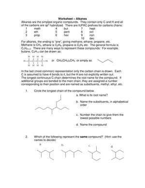 Understanding Alkanes: A Chemistry Worksheet