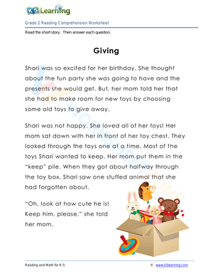 Giving: A Reading Comprehension Story of Kindness