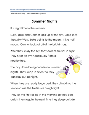 Summer Nights: A Reading Comprehension Worksheet