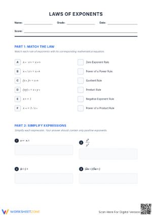 Printable Laws of Exponents Worksheet | Grade 9 Aligned