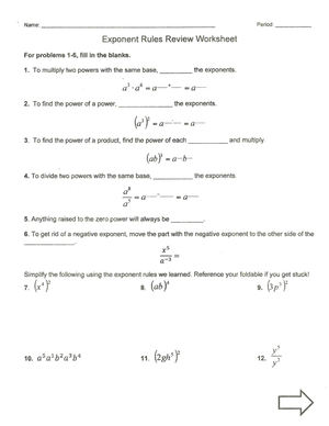 Exponent Rule Review Worksheet