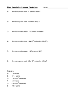 Mole Calculation Practice Worksheet