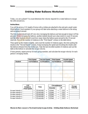 Orbiting Water Balloons: Physics Worksheet