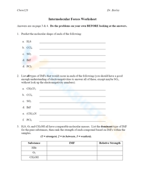 Intermolecular Forces Worksheet with Key