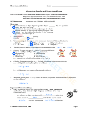 Momentum, Impulse, and Momentum Change Worksheet