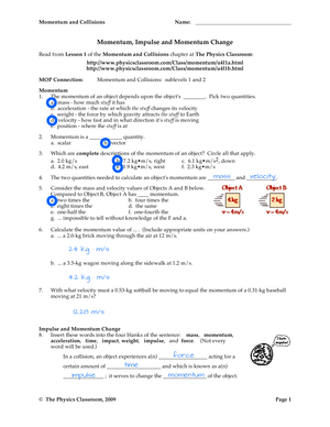 Momentum, Impulse, and Momentum Change Worksheet