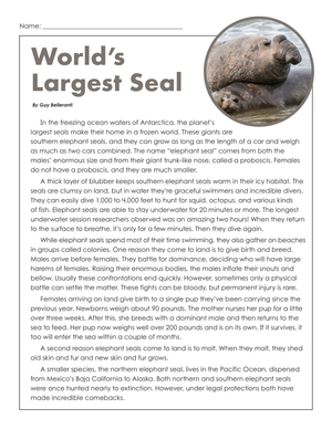 World's Largest Seal Worksheet | Grade 7-9 Essential