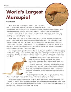 World's Largest Marsupial Worksheet | Grade 7-9 Essential