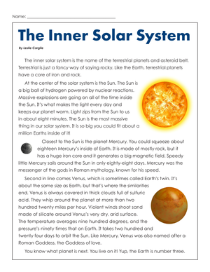 The Inner Solar System Worksheet