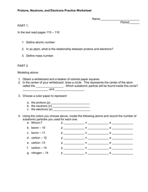 Protons, Neutrons, and Electrons Practice Worksheet