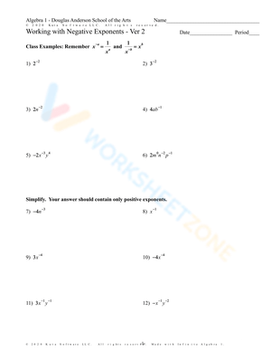 Working with Negative Exponents Worksheet