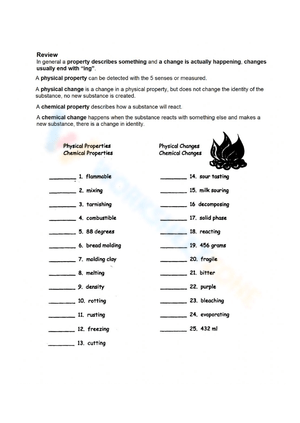Worksheet on Chemical Changes
