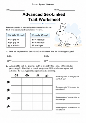Printable Punnett Square Worksheet | Grade 9-12 Biology