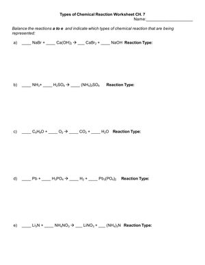 Types of Chemical Reactions Worksheet
