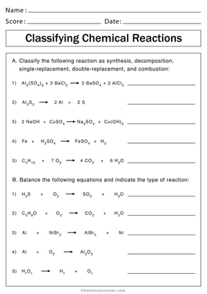 Chemical Reactions Worksheet: Classify & Balance 