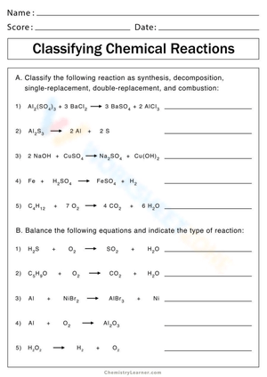 Chemical Reactions Worksheet: Classify & Balance 