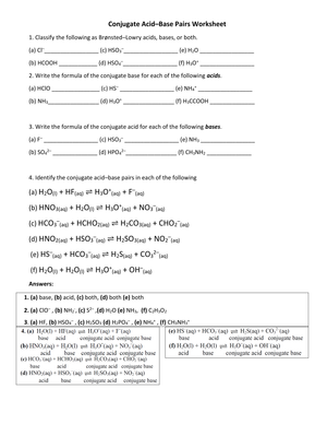 Conjugate Acid-Base Pairs Worksheet