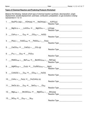 Master Products of Chemical Reactions Worksheet