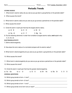 Updated Periodic Trends Chemistry Worksheet