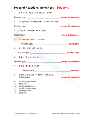 Types of Reactions Worksheet with Solutions