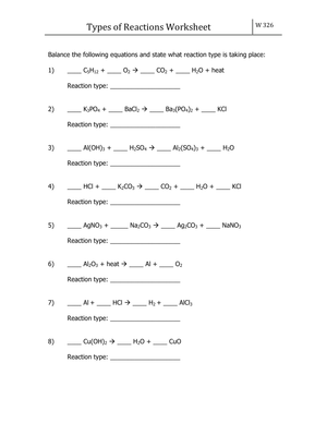 Types of Reactions Worksheet | Essential 9-12 Chemistry
