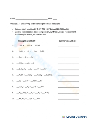 Classifying and Balancing Chemical Reactions Worksheet