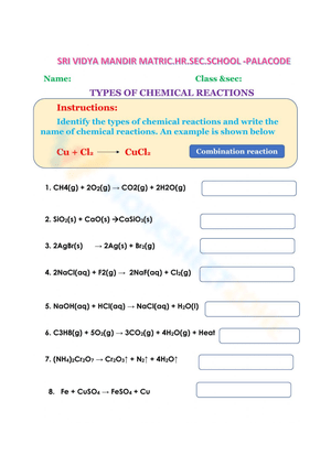 Classifying Chemical Reactions Practice Worksheet