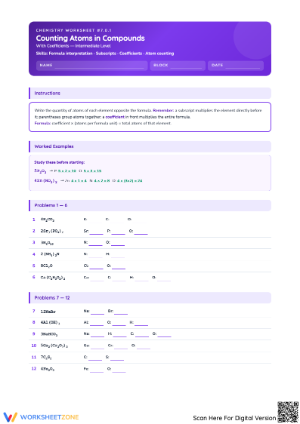 Counting Atoms in Compounds Worksheet for Chemistry
