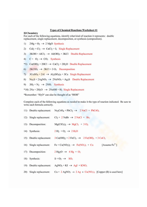 Single and Double Chemical Reactions Worksheet