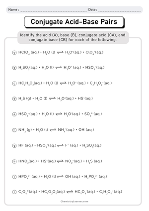 Conjugate Acid and Base Pairs Worksheet