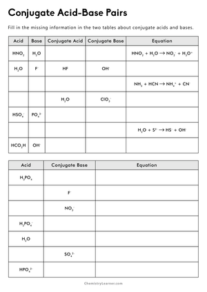 Acid and Base Pair Worksheet for Chemistry